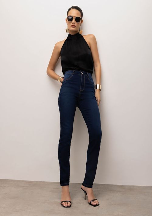 Calça Iódice Skinny Cós Alto Detalhe Passante Azul