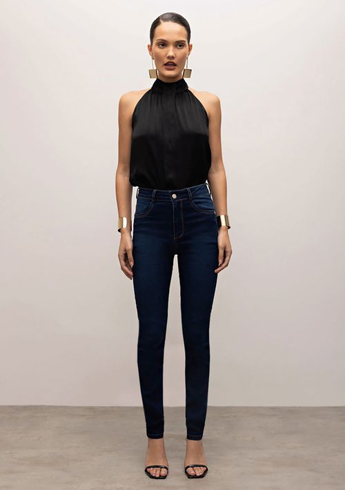 Calça Iódice Skinny Cós Alto Detalhe Passante Azul