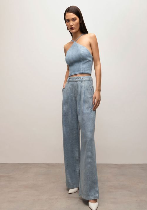 Calça Iódice Wide Cós Alto Com Termocolante Jeans