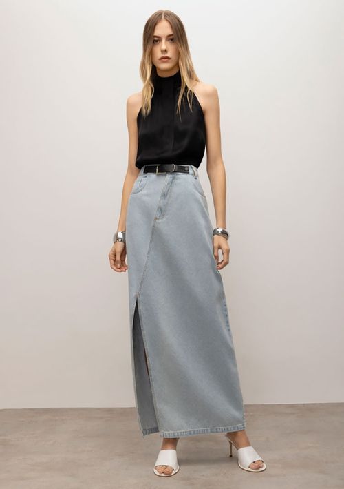 Saia Iódice Midi Reta Com Cinto Jeans