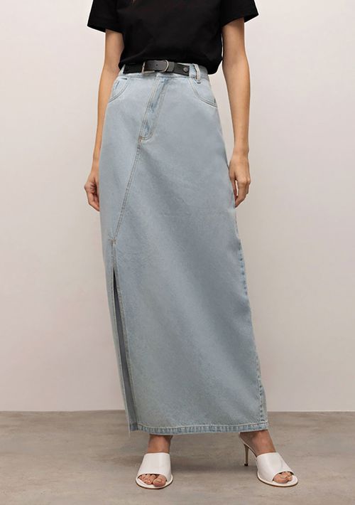 Saia Iódice Midi Reta Com Cinto Jeans