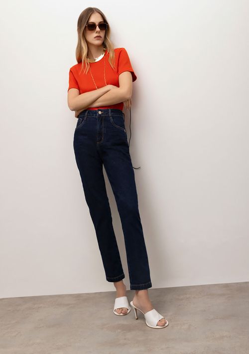 Calça Iódice Cigarrete Cós Alto Detalhe Barra Jeans