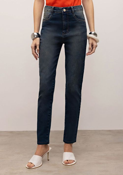 Calça Iódice Cigarrete Cós Alto Detalhe Barra Jeans