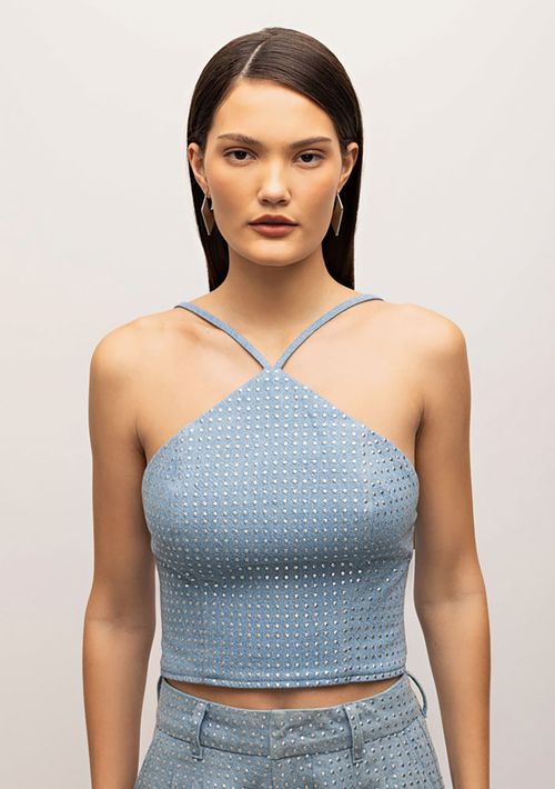 Top Iódice Cropped Alça Com Termocolante Jeans