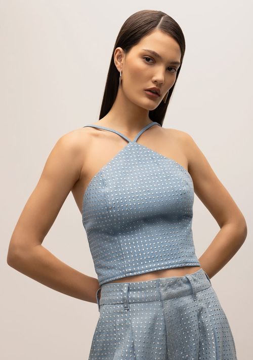 Top Iódice Cropped Alça Com Termocolante Jeans