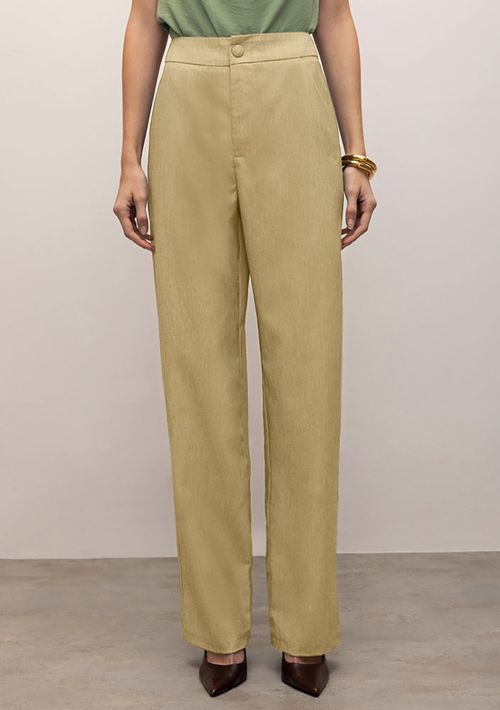 Calça Iódice Reta Cós Alto Bolso Faca Bege