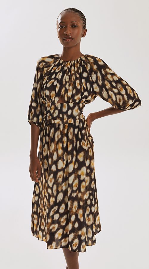 Vestido Iódice Midi Decote Redondo Abertura Frente Marrom