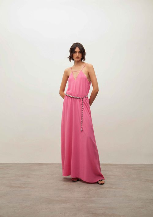 Vestido Iódice Longo Decote V Detalhe Frente Rosa