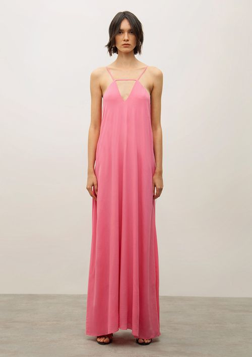 Vestido Iódice Longo Decote V Detalhe Frente Rosa