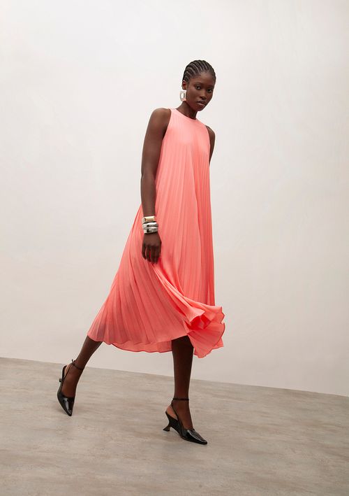 Vestido Iódice Midi Decote Redondo Plissado Rosa