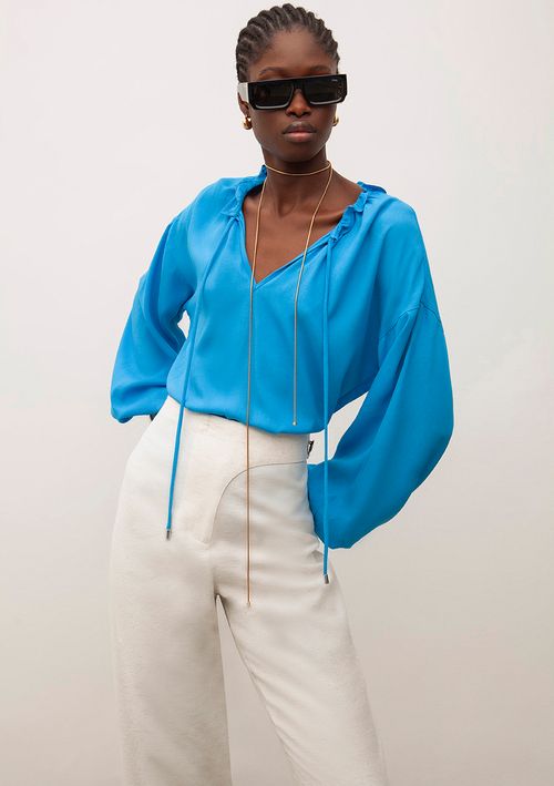 Blusa Iódice Decote V Manga Longa Com Cordão Azul