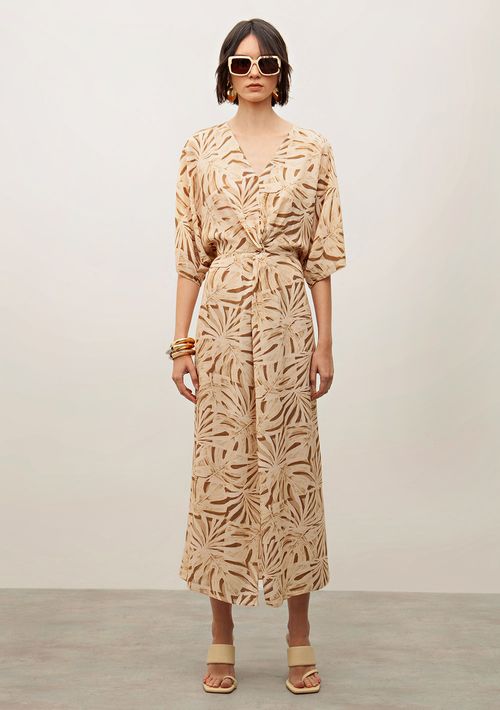 Vestido Iódice Midi Decote V Com Torção Frente Bege