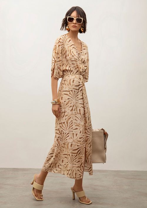 Vestido Iódice Midi Decote V Com Torção Frente Bege