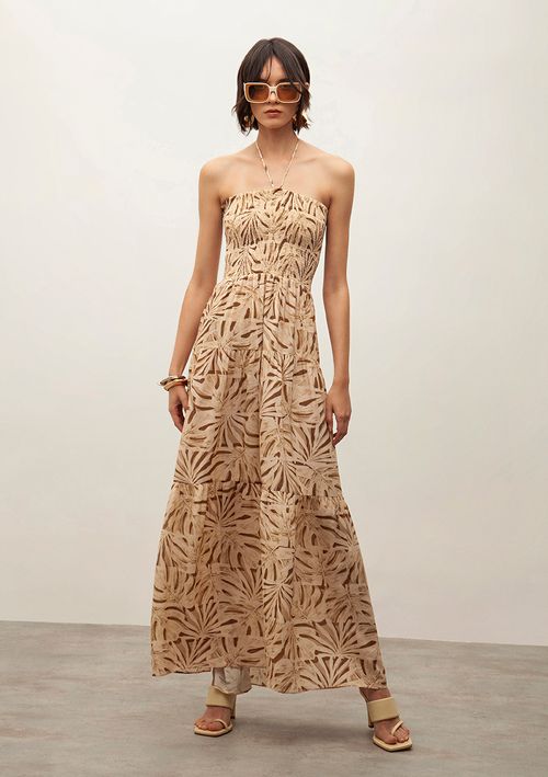 Vestido Iódice Longo Frente Única Com Recorte Bege