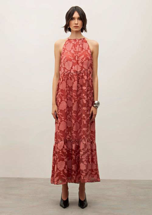 Vestido Iódice Longo Cava Francesa Com Franzido Rosa