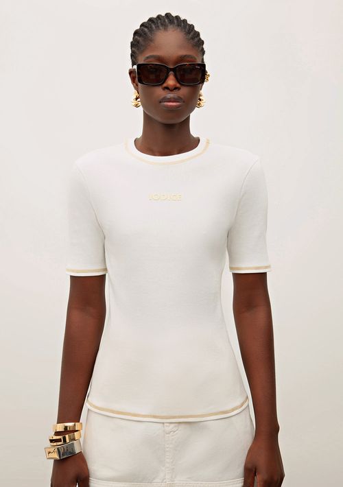 Blusa Iódice Decote Redondo Manga Curta Bordado Frente Off White