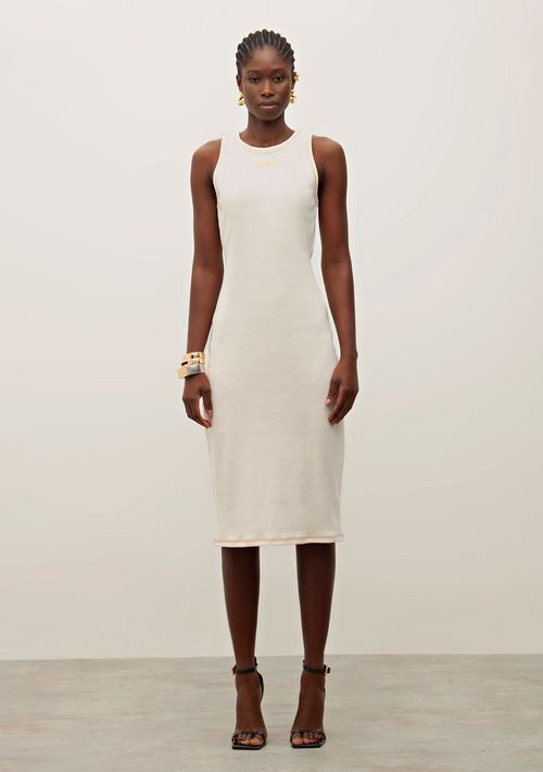 Vestido Iódice Midi Decote Redondo Bordado Off White