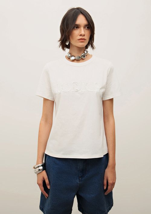 T-Shirt Iódice Gola Redonda Com Bordado Frente Off White