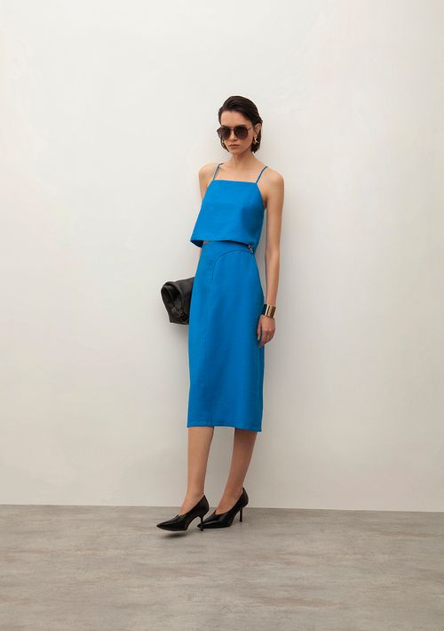 Saia Iódice Midi Reta Detalhe Cós Azul