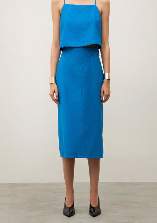 Saia Iódice Midi Reta Detalhe Cós Azul