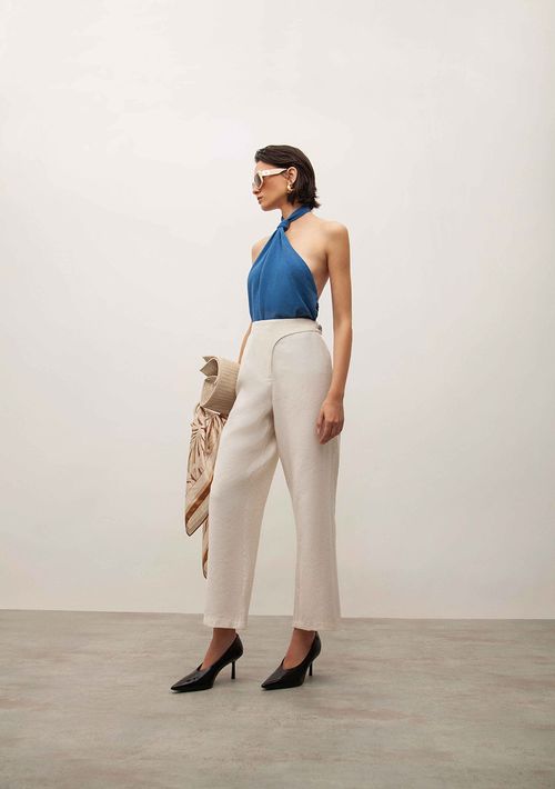 Calça Iódice Reta Cós Alto Com Transpasse Off White