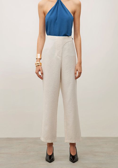 Calça Iódice Reta Cós Alto Com Transpasse Off White