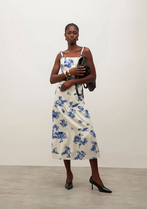 Vestido Iódice Midi Decote Reto Com Franzido Azul