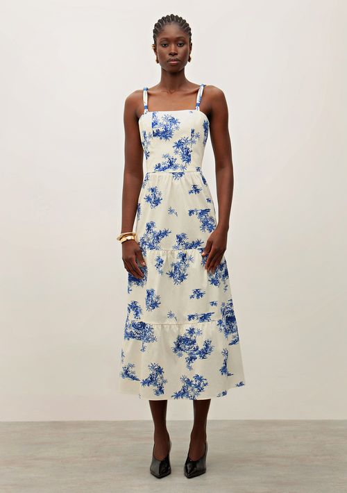 Vestido Iódice Midi Decote Reto Com Franzido Azul