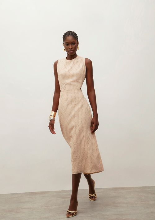 Vestido Iódice Midi Decote Redondo Detalhe Costas Bege