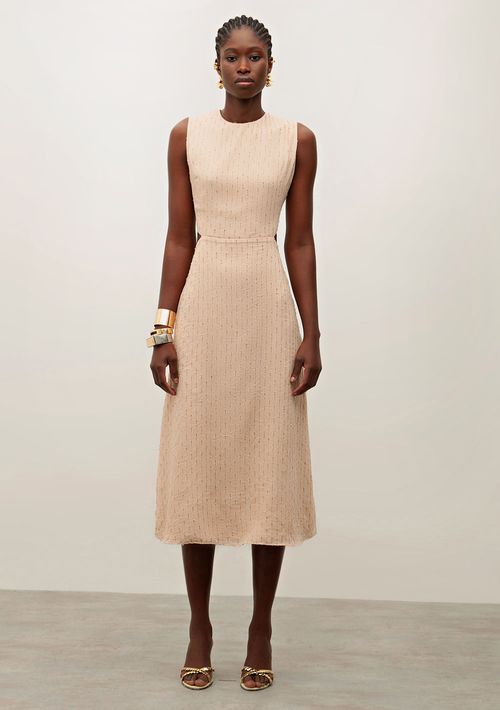 Vestido Iódice Midi Decote Redondo Detalhe Costas Bege