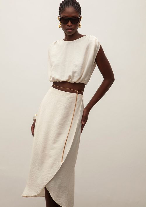 Blusa Iódice Decote Redondo Cava Deslocada Com Amarração Off White