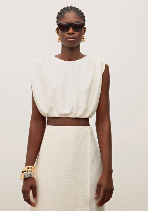 Blusa Iódice Decote Redondo Cava Deslocada Com Amarração Off White