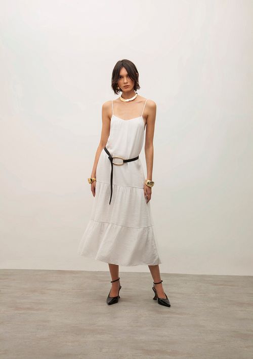 Vestido Iódice Midi Decote V Com Franzido Off White