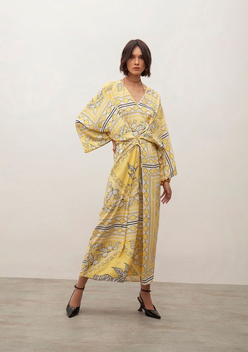 Vestido Iódice Midi Decote V Com Amarração Amarelo