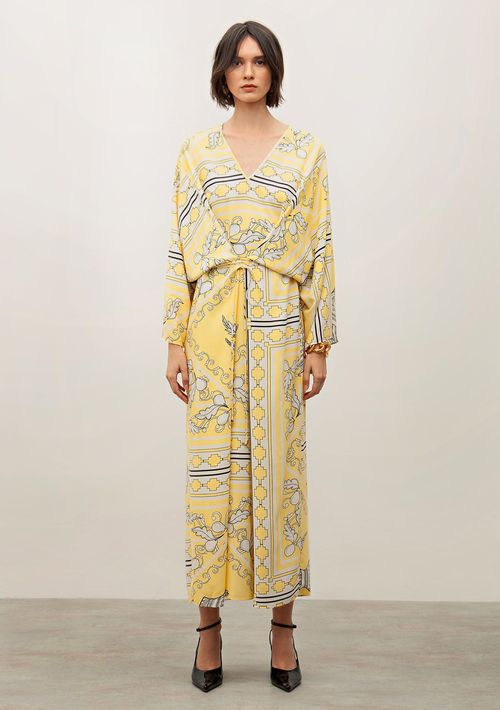 Vestido Iódice Midi Decote V Com Amarração Amarelo