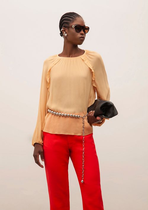 Blusa Iódice Decote Redondo Manga Longa Com Babado Marrom