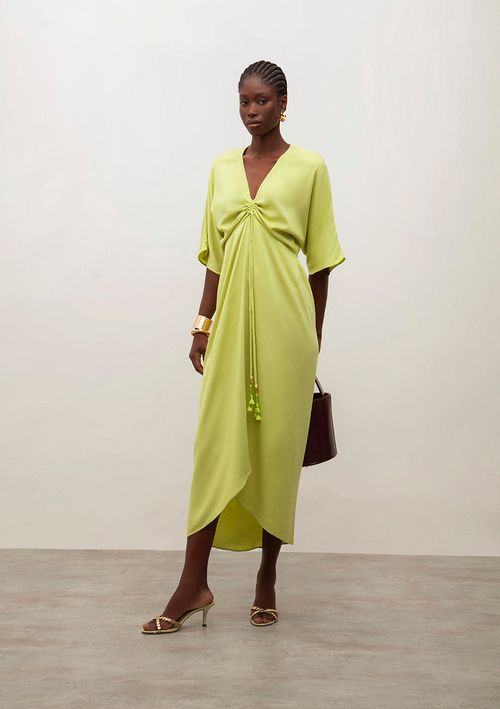 Vestido Iódice Midi Decote V Amarração Frente Verde Claro