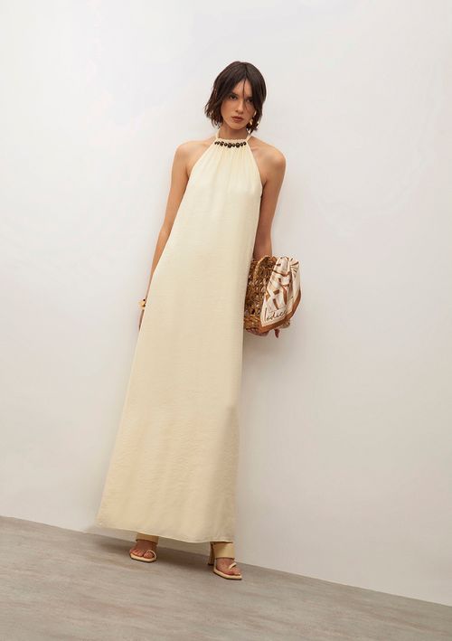 Vestido Iódice Longo Cava Francesa Bordado Bege