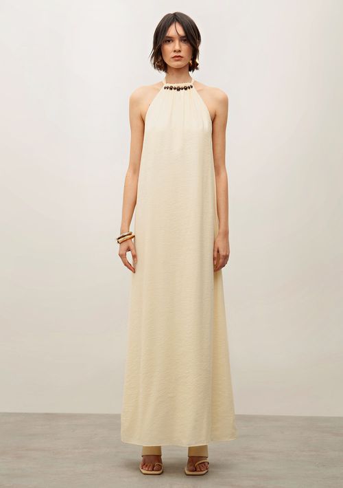 Vestido Iódice Longo Cava Francesa Bordado Bege