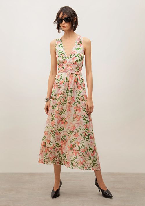 Vestido Iódice Midi Decote V Com Franzido Rosa