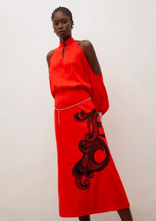 Saia Iódice Midi Reta Com Bordado Vermelho