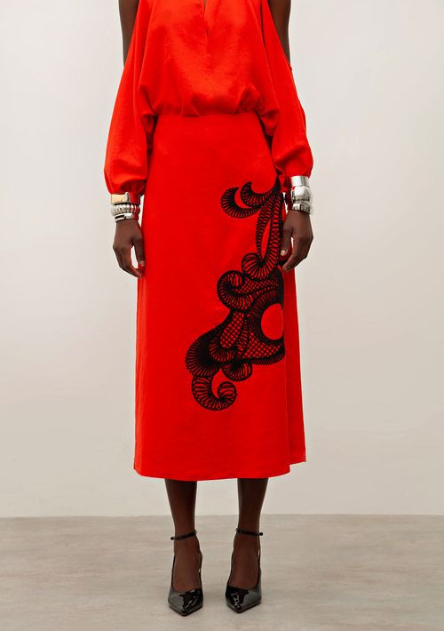 Saia Iódice Midi Reta Com Bordado Vermelho