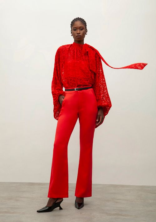 Blusa Iódice Solta Gola Alta Manga Longa Padrão Vermelho