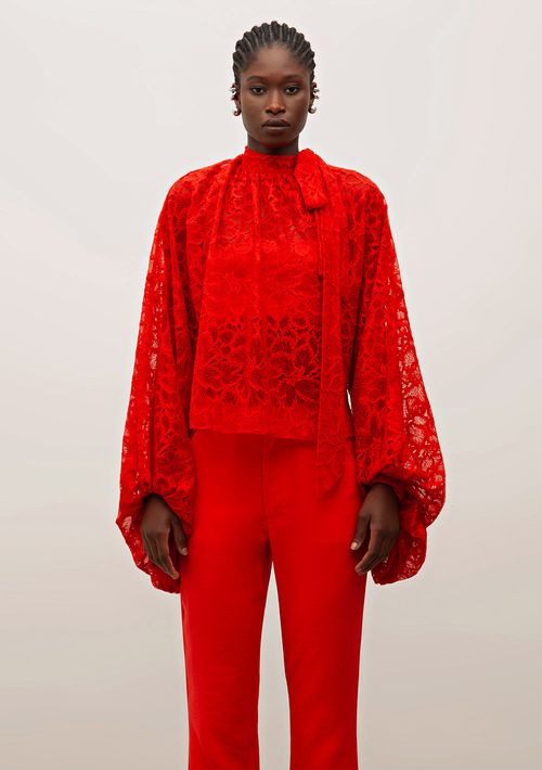 Blusa Iódice Solta Gola Alta Manga Longa Padrão Vermelho