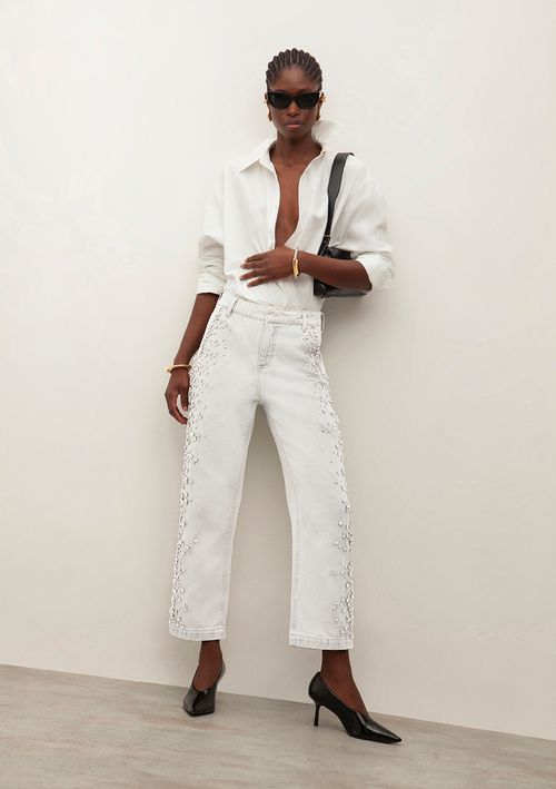 Calça Iódice Reta Cós Intermediário Com Bordado Off White