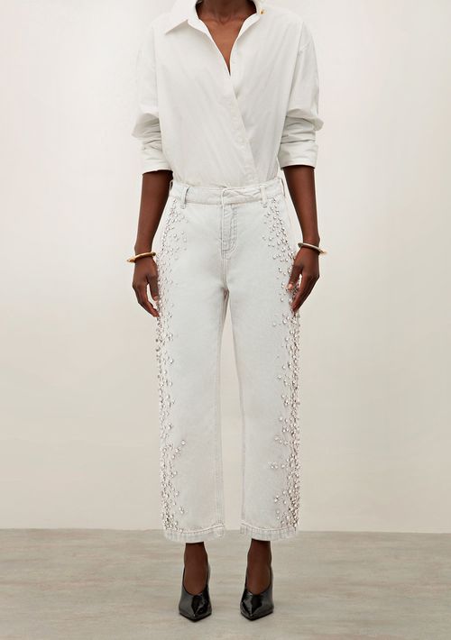 Calça Iódice Reta Cós Intermediário Com Bordado Off White