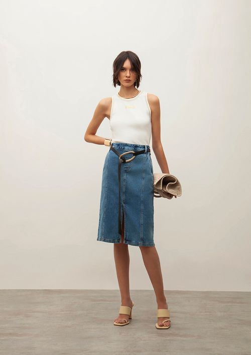 Saia Iódice Midi Reta Abertura Frente Jeans