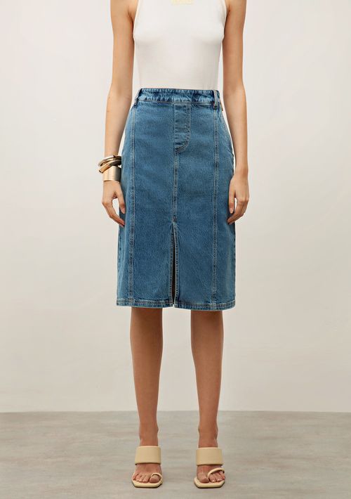 Saia Iódice Midi Reta Abertura Frente Jeans