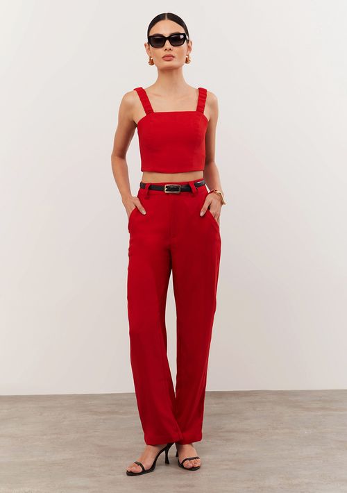 Calça Iódice Reta Cós Alto Com Pence Vermelho