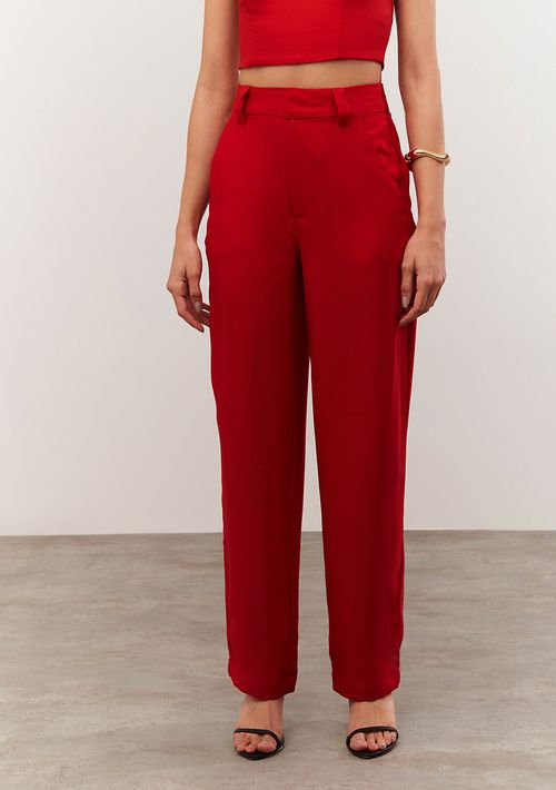 Calça Iódice Reta Cós Alto Com Pence Vermelho